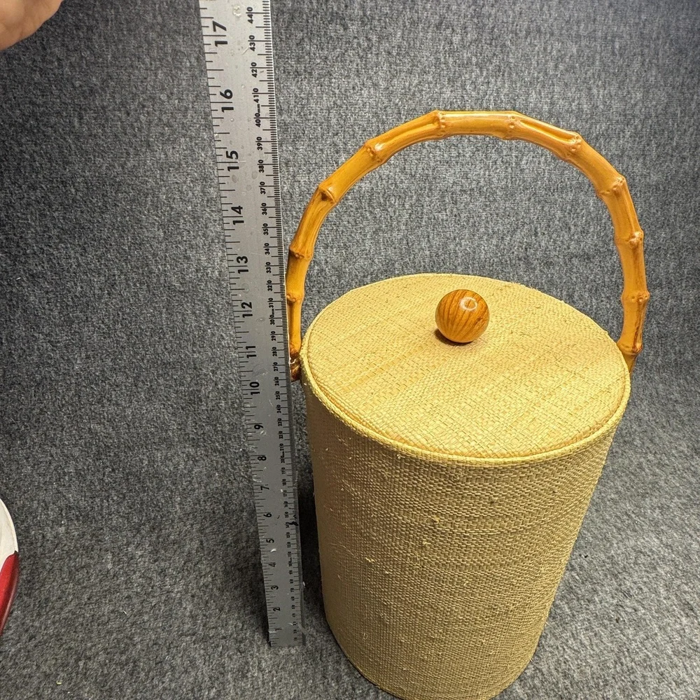 Vintage‎ Wicker Ice Bucket Faux Bamboo Handle Mid Century Barware 15